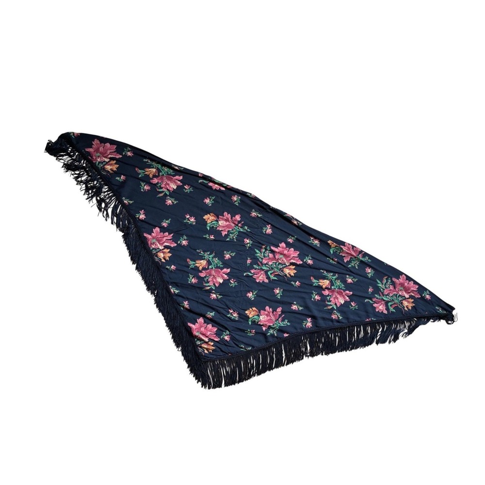 Vintage 70s Black Floral Fringe Triangle Piano Shawl Wrap Boho Scarf Cottagecore